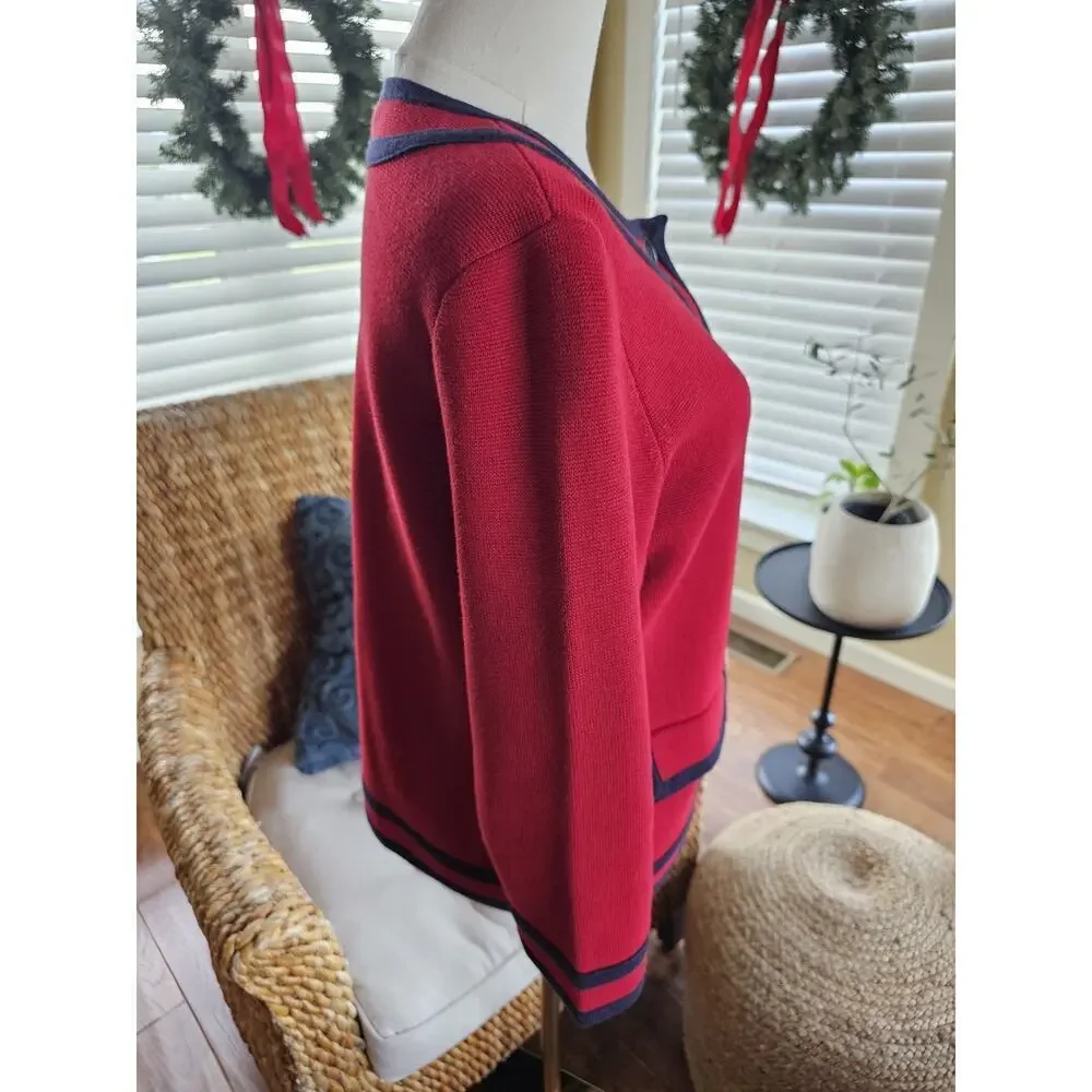 Talbots Red & Navy Blue Cardigan Sweater Womens‎ Size M Preppy Nautical
